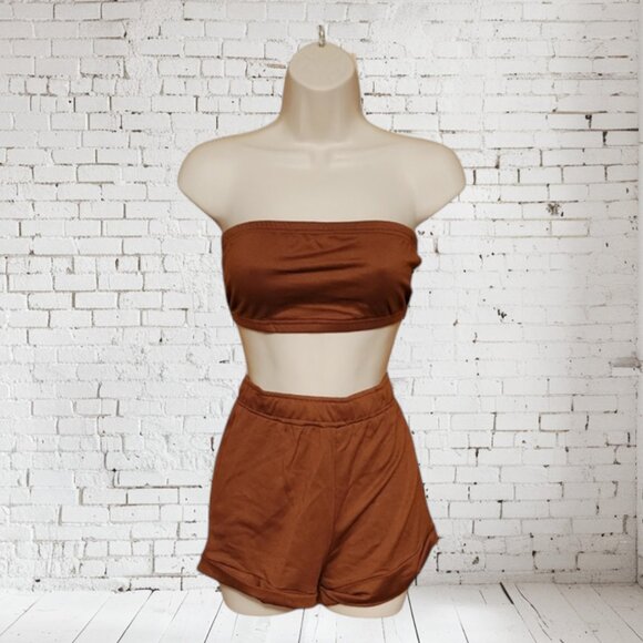 NWT 2 PC Tube Top w/ Cuff Shorts Brown - Picture 1 of 3